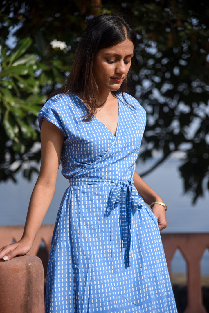 Kali Wrap Dress in Blue Dabu