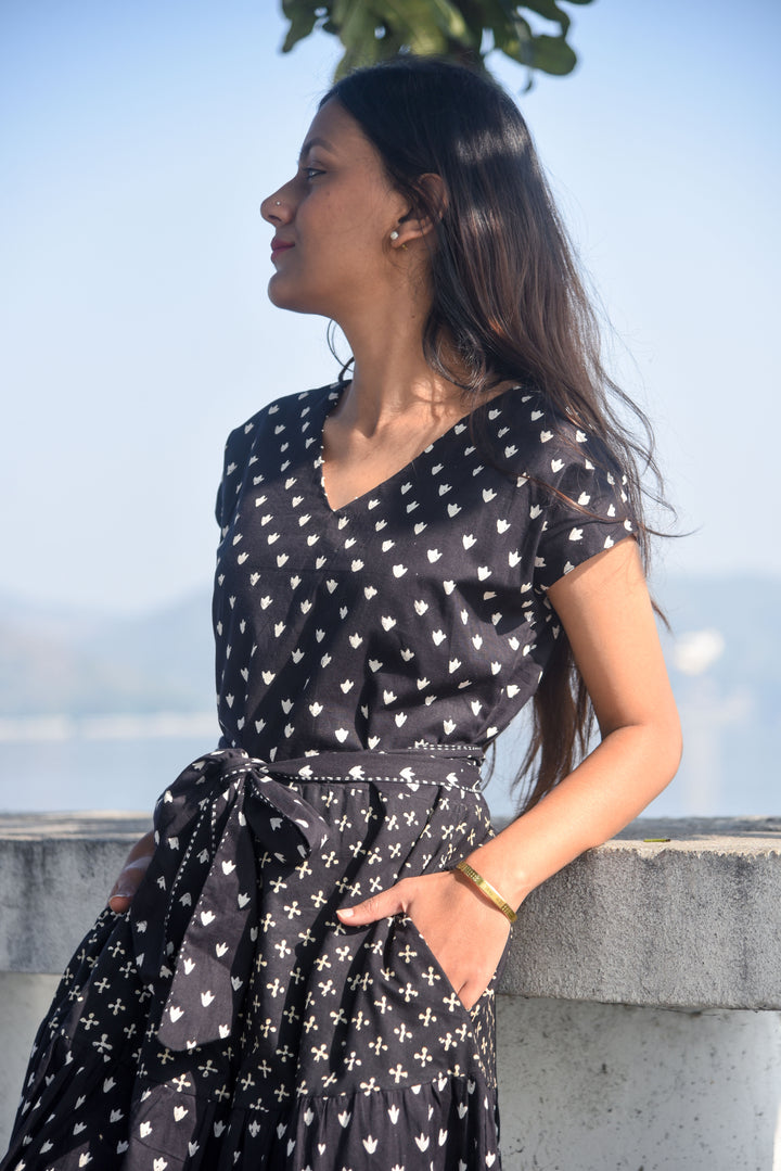 Nisha Dress in Black Dabu Mix