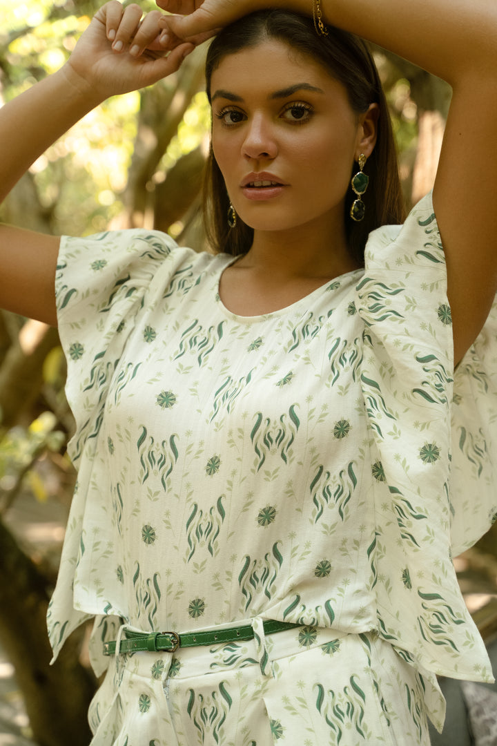 Ruffle Blouse In Verde Foliage