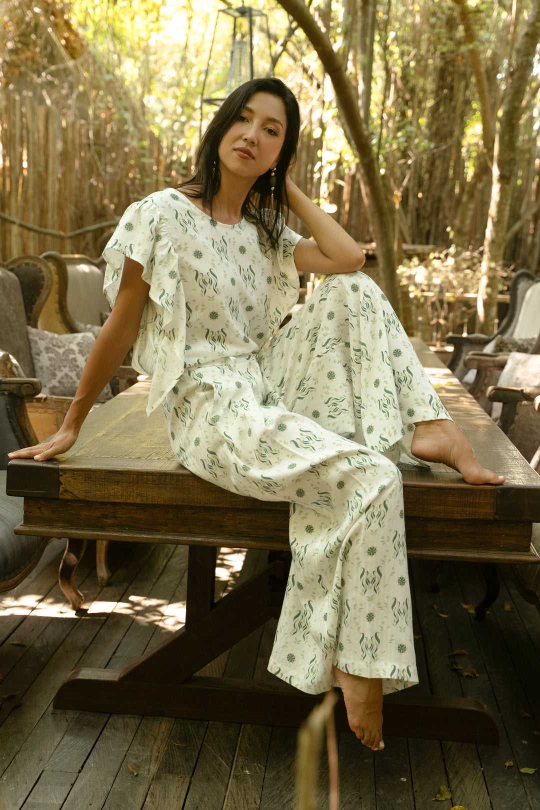 Ruffle Blouse In Verde Foliage