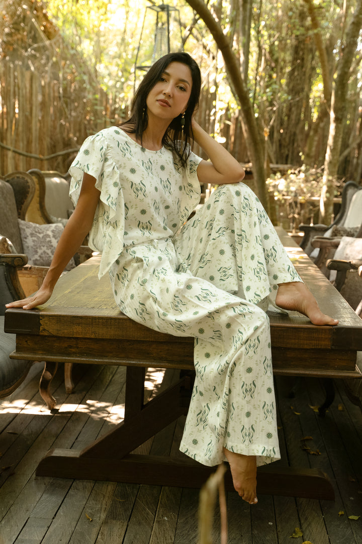 Ruffle Blouse In Verde Foliage