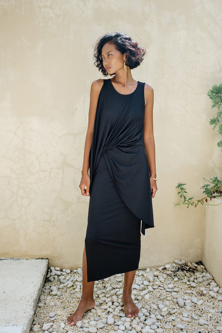 Cleo Reversible Draped Dress Set In Black