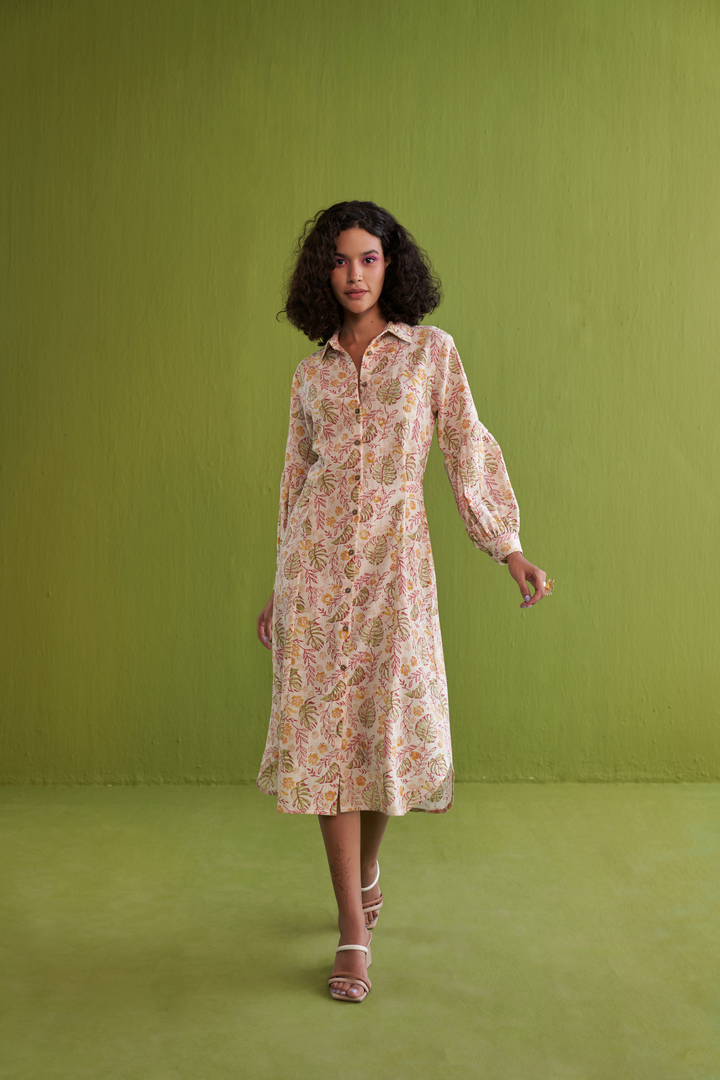 Wild Monstera Organic Cotton Midi Shirt Dress