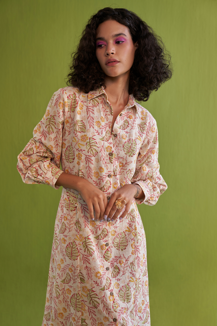Wild Monstera Organic Cotton Midi Shirt Dress