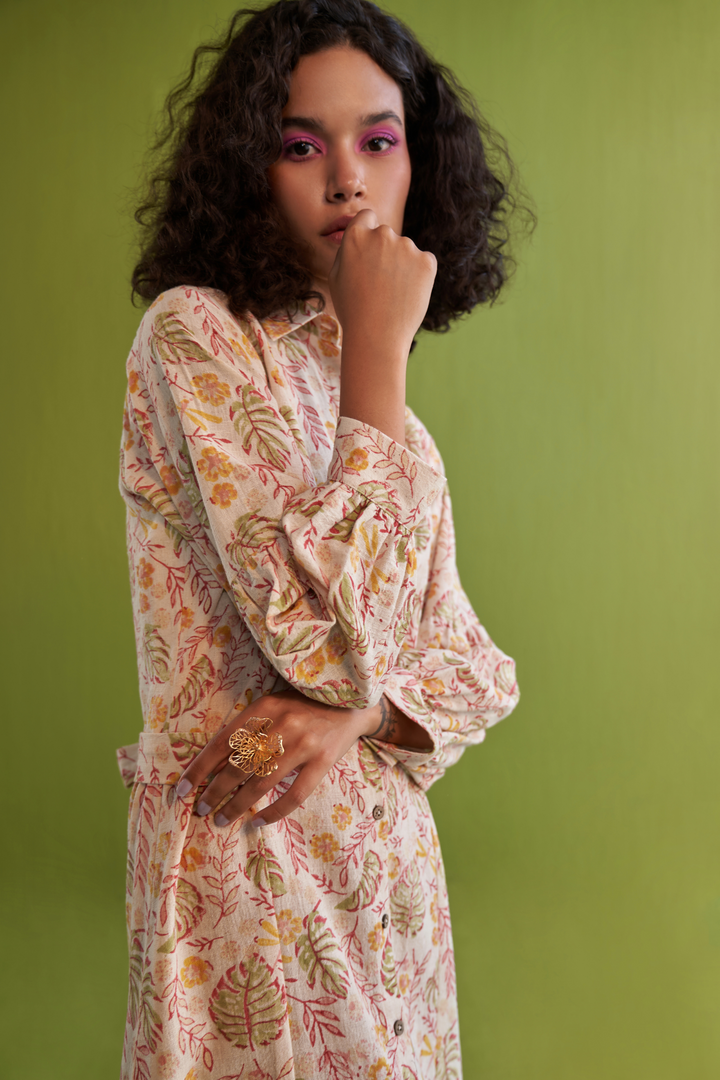 Wild Monstera Organic Cotton Midi Shirt Dress