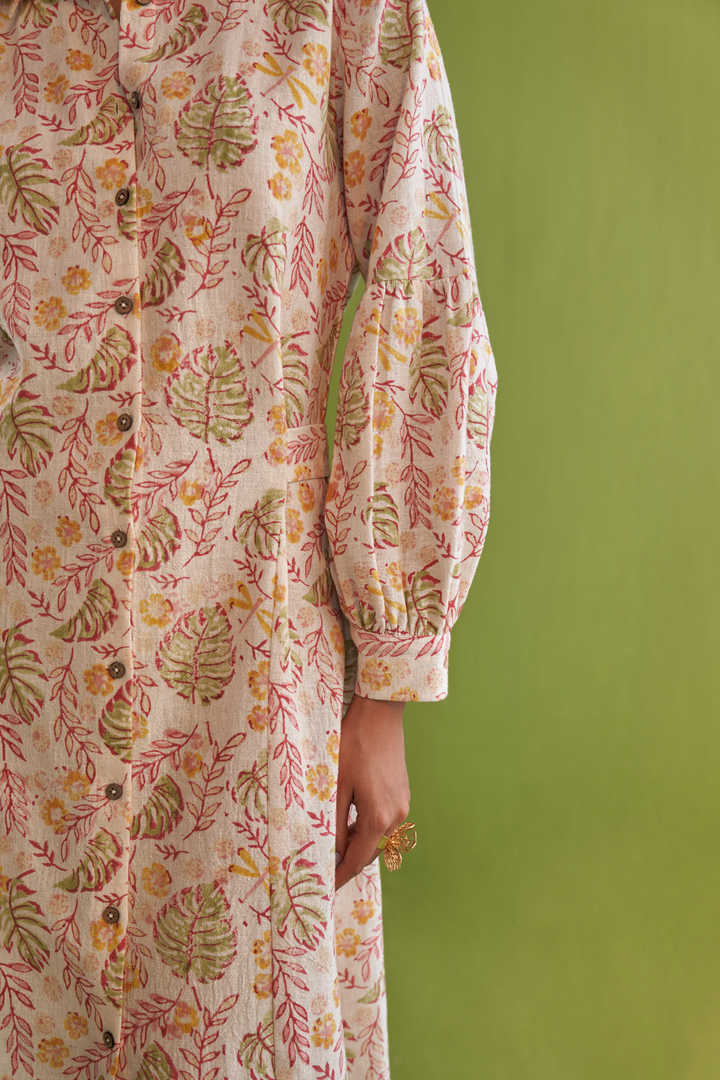 Wild Monstera Organic Cotton Midi Shirt Dress