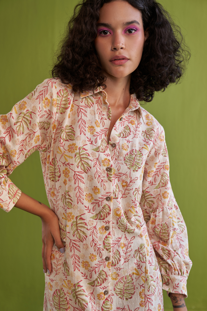 Wild Monstera Organic Cotton Midi Shirt Dress