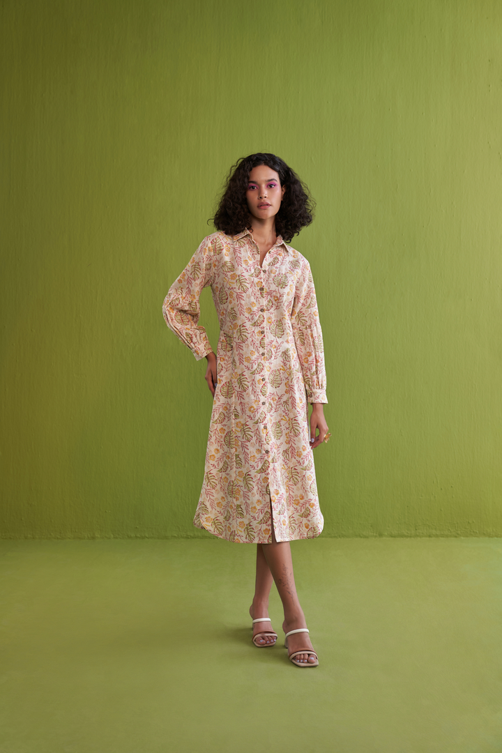 Wild Monstera Organic Cotton Midi Shirt Dress