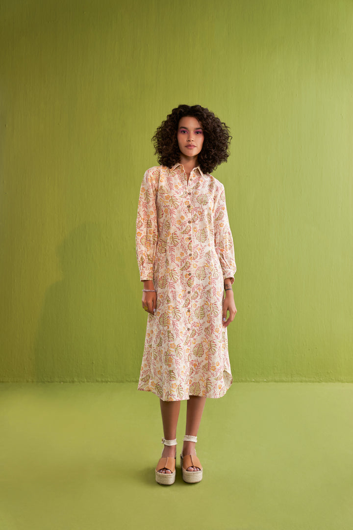 Wild Monstera Organic Cotton Midi Shirt Dress