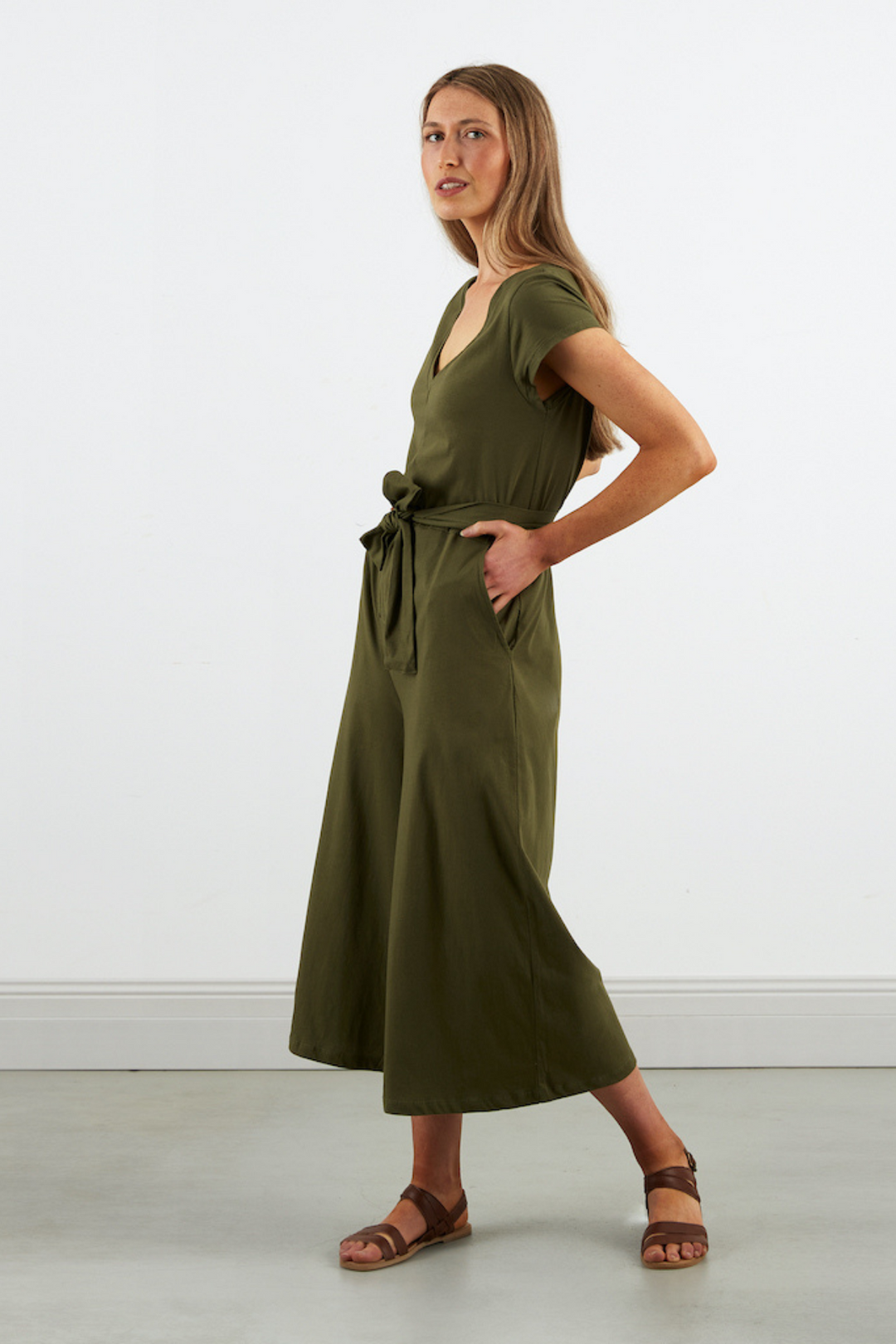Dorsu Wide Leg Jumpsuit in Olive, available on ZERRIN with free Singapore shipping
