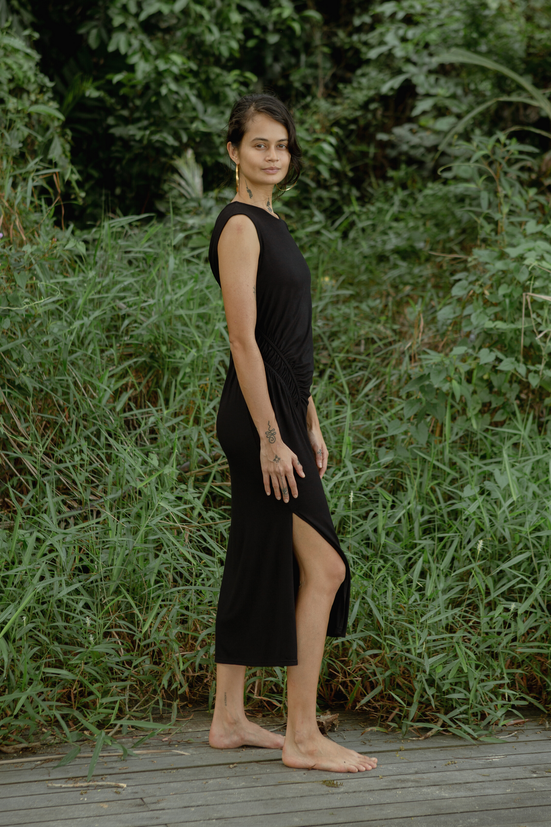Su By Hand Celia Asymmetric Ruched Waist Dress in Black, available on ZERRIN with free Singapore shipping