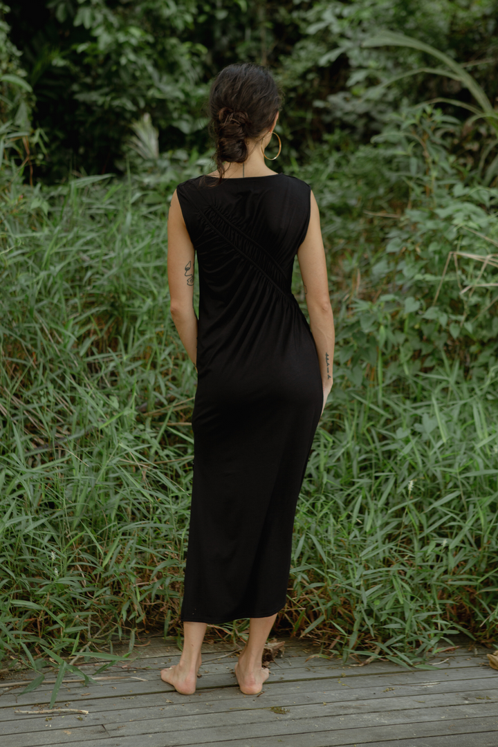 Su By Hand Celia Asymmetric Ruched Waist Dress in Black, available on ZERRIN with free Singapore shipping