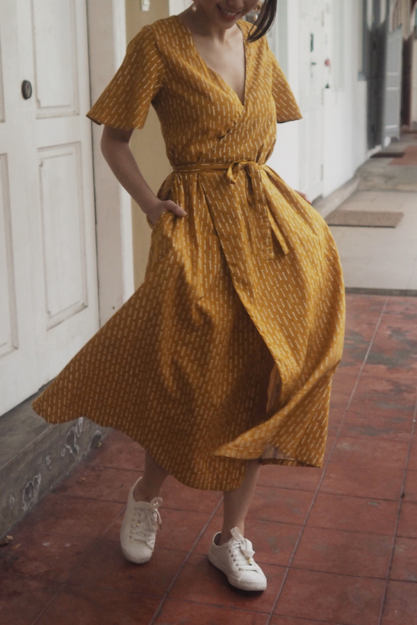 Wray Crafted Wrap Dress Mustard Block printed Dresses Online