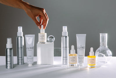 A display of clean skincare with nature-derived ingredients by Luxe Botanics, now available on ZERRIN