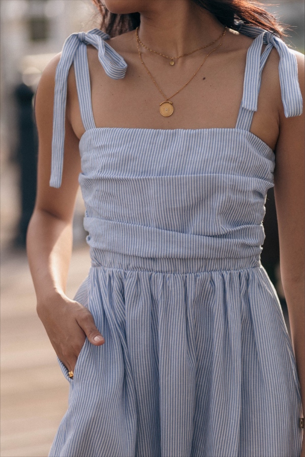 Classic Linen Maxi Dress In Blue And White Pinstripe