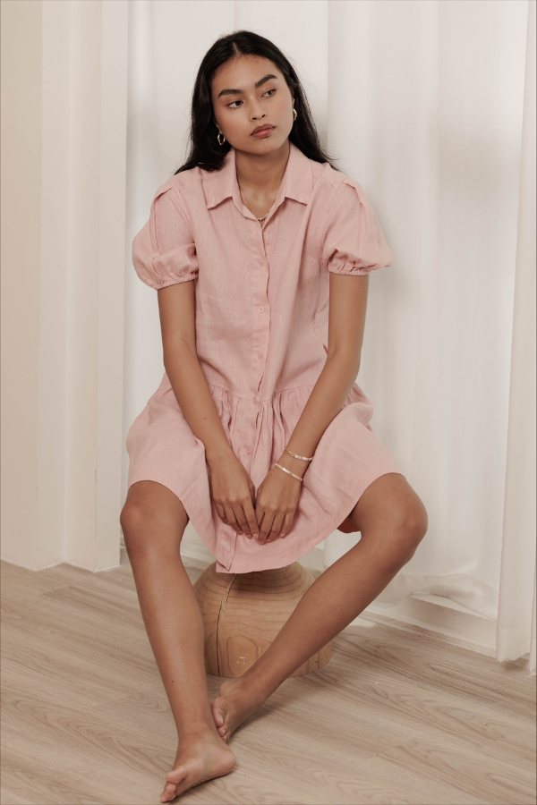 Classic Linen Short Sleeved Shirt Dress In Dusty Pink