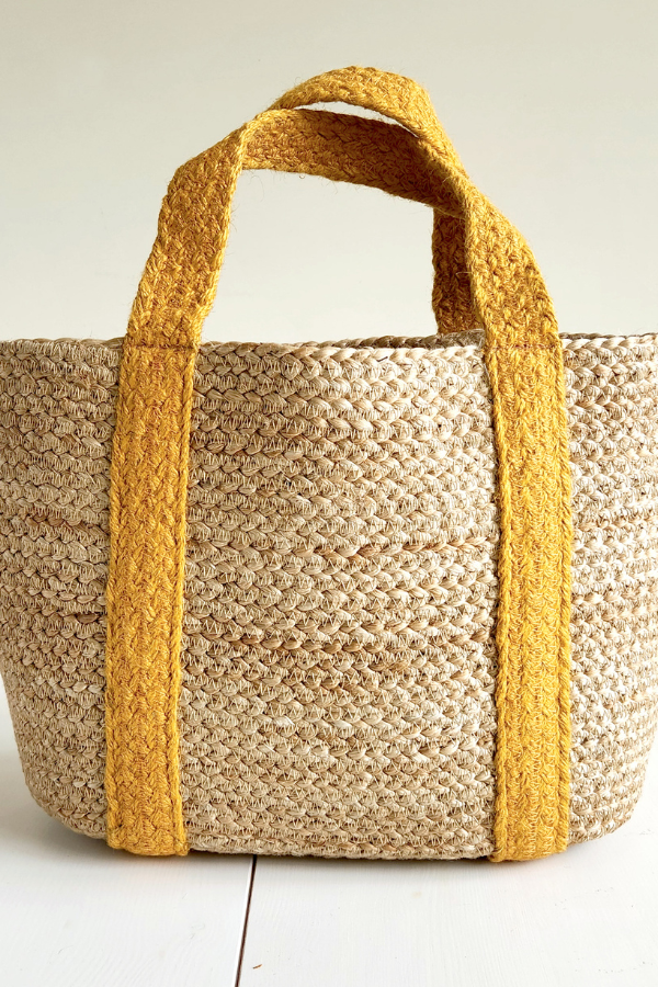 Flower Jute Basket Tote Bag In Yellow