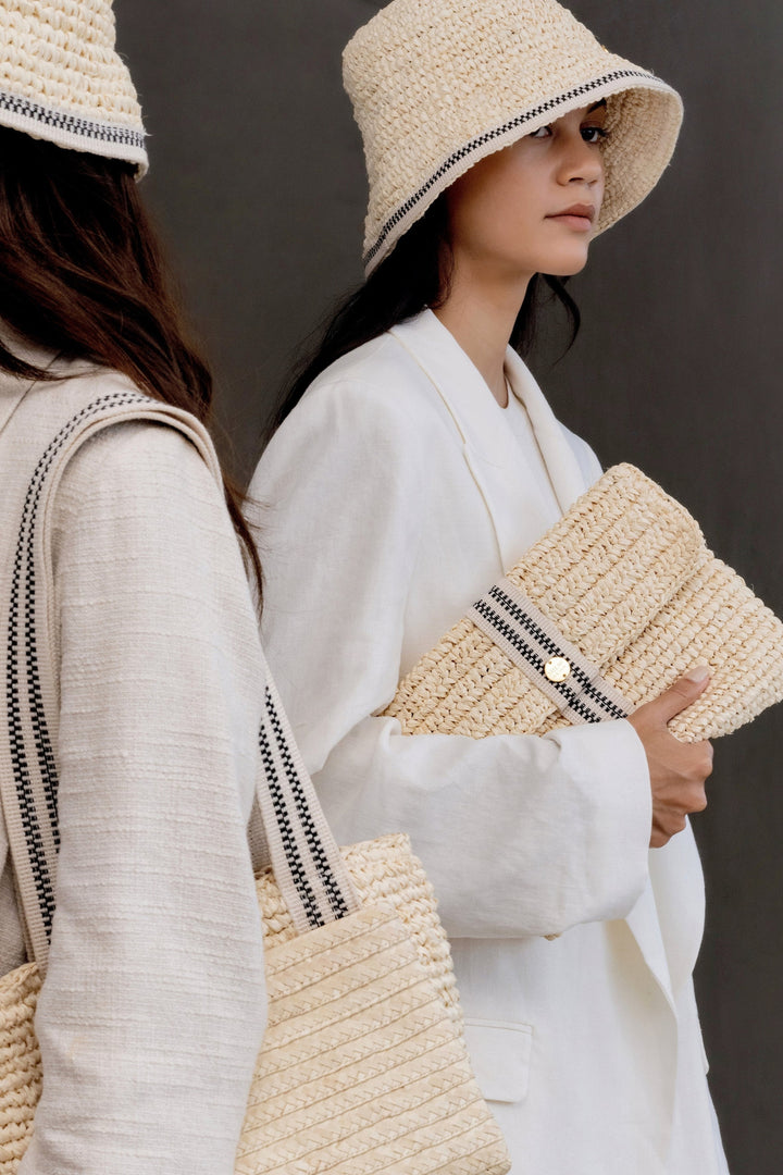 Savaya Raffia Clutch In Black and Cream