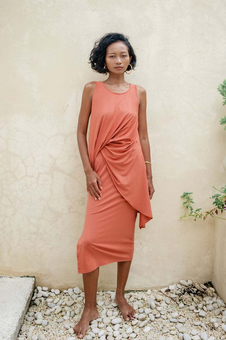 Cleo Reversible Draped Dress Set In Terracotta