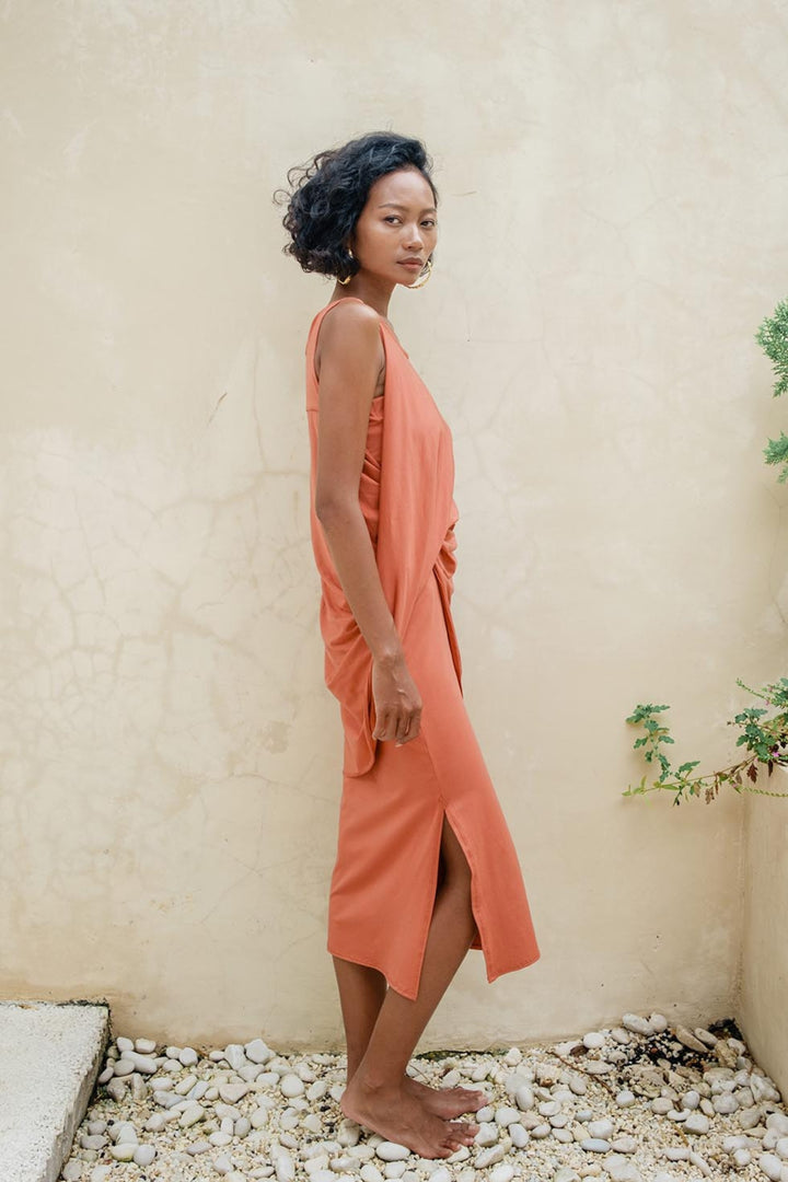 Cleo Reversible Draped Dress Set In Terracotta