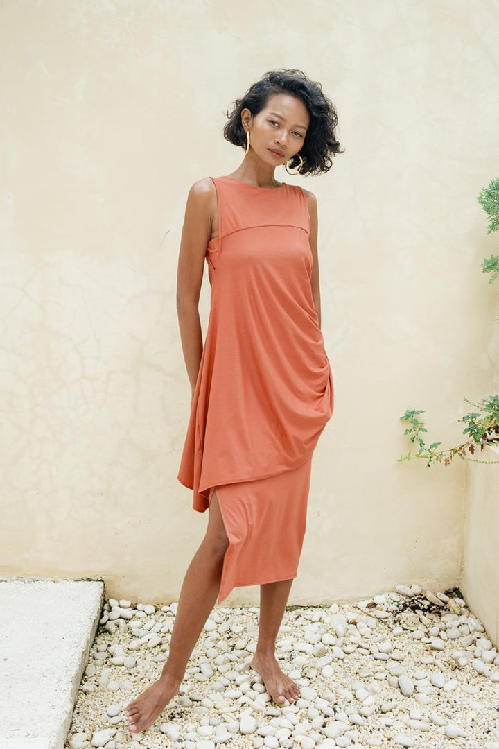 Cleo Reversible Draped Dress Set In Terracotta