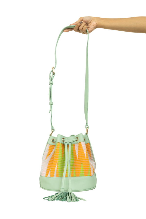Frankitas Baby Gaya Bucket Bag in Mint Green with Orange & Green Rangrang