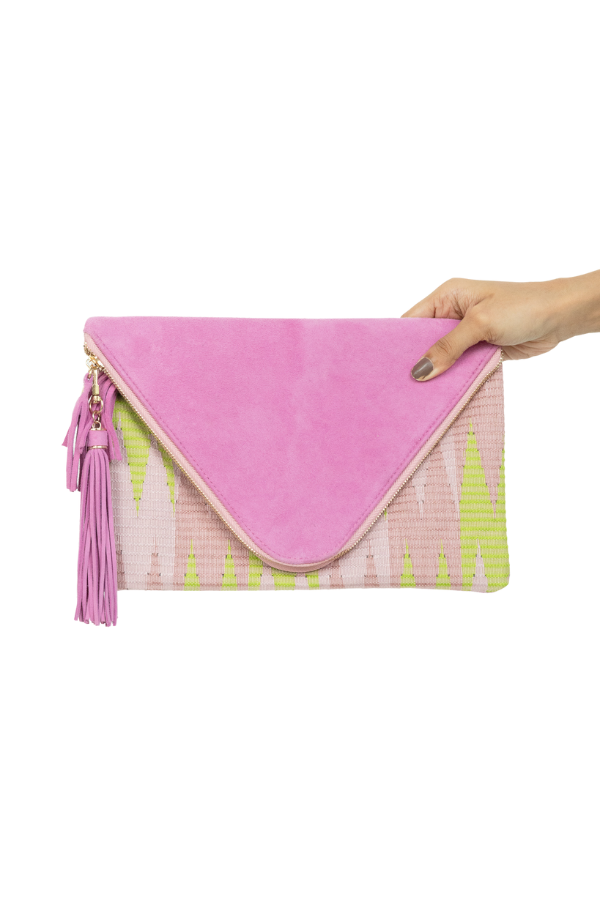 Frankitas Maren Ikat Clutch Bag in Light Pink & Green