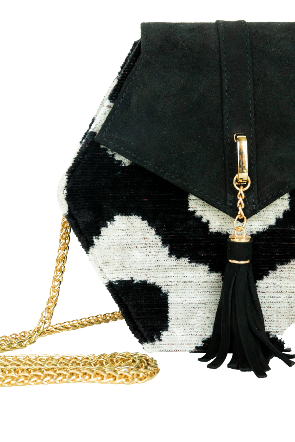 Close up of Frankitas Mini Koko Bag in Black & Grey Velvet, available on ZERRIN with free Singapore delivery