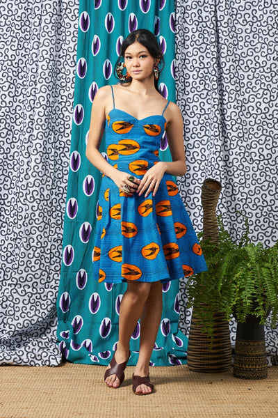 OliveAnkara Ifunanya Orange/Blue Speed Bird Spaghetti Dress