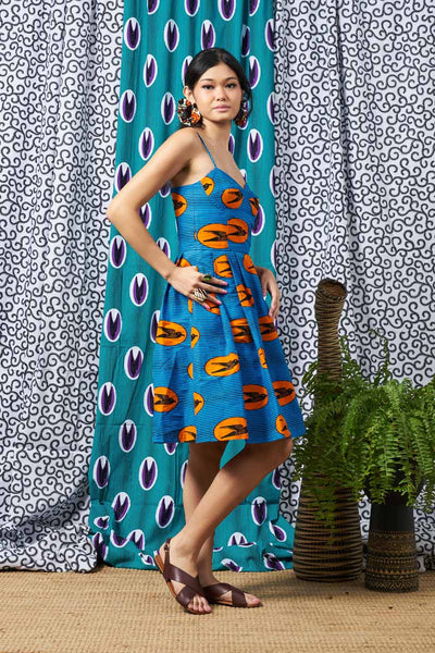 OliveAnkara Ifunanya Orange/Blue Speed Bird Spaghetti Dress