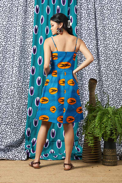 OliveAnkara Ifunanya Orange/Blue Speed Bird Spaghetti Dress