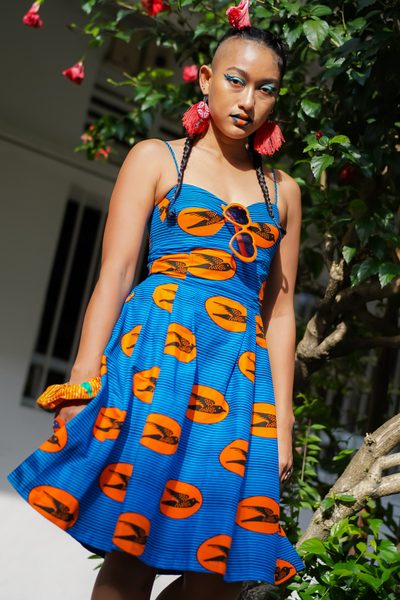 OliveAnkara Ifunanya Orange/Blue Speed Bird Spaghetti Dress