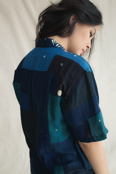 SukkhaCitta ReMade Right Tencel Nerd Shirt in Mixed Blue