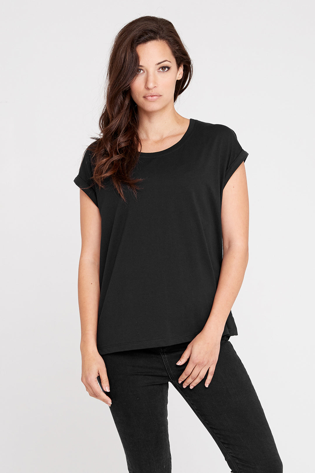 Dorsu Roll Sleeve Crew Black T-Shirt, available on ZERRIN