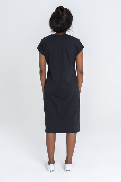 Back view of Dorsu Rolled Sleeve T-shirt Dress in Black, available on ZERRIN