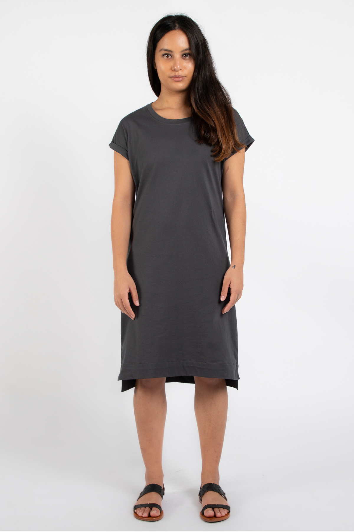 Dorsu Rolled Sleeve T-Shirt Dress in Charcoal