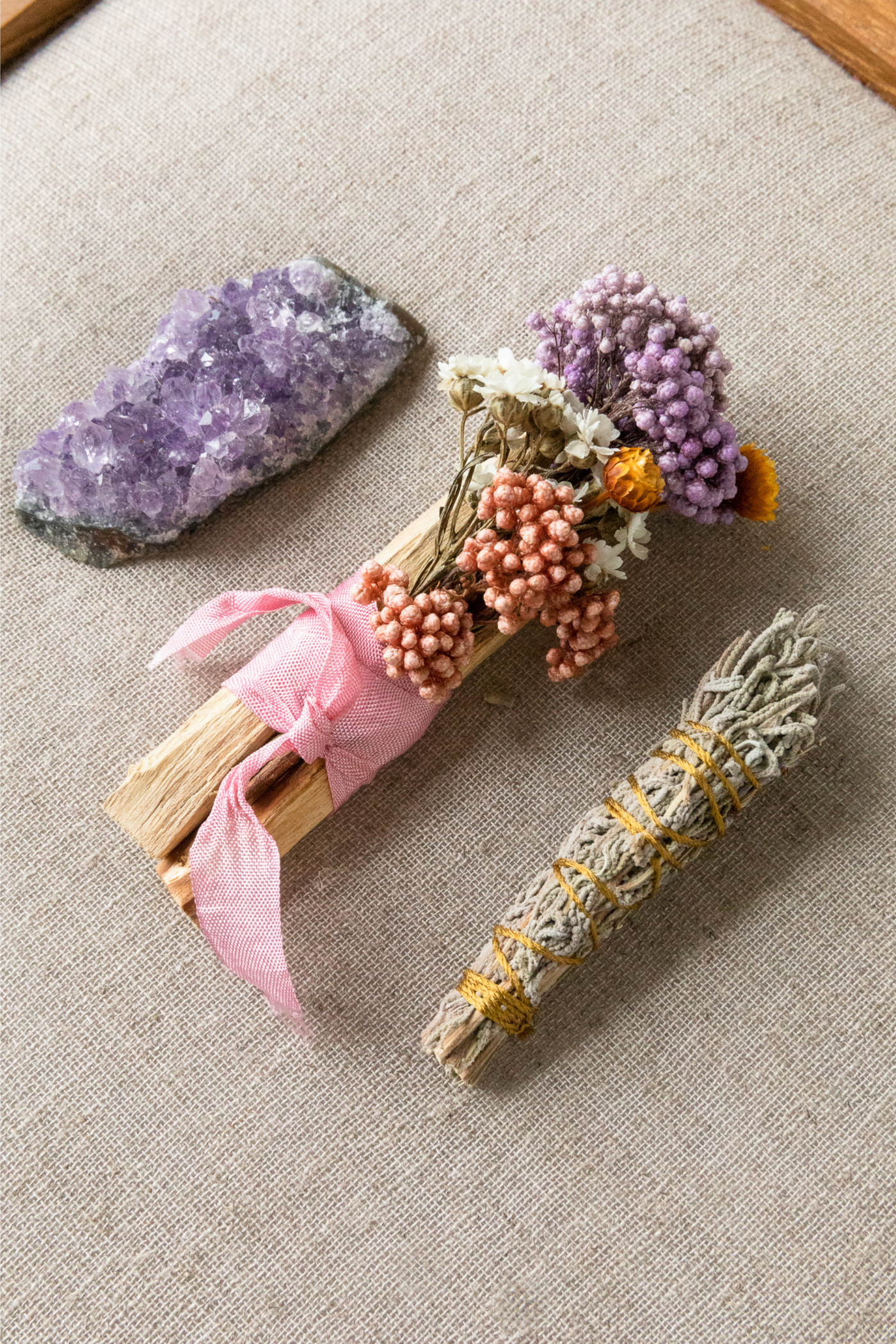 Green Gaea Palo Santo & Crystal Smudge Set, available in Amethyst or Clear Quartz on ZERRIN with free Singapore shipping