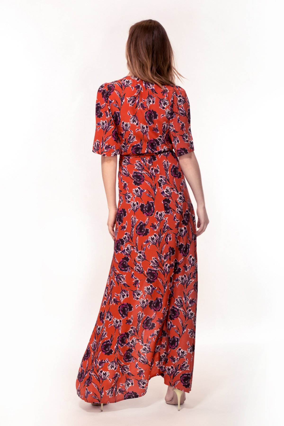 Hide the Label Rosa Wrap Maxi Dress in Peach Floral Print, available on ZERRIN