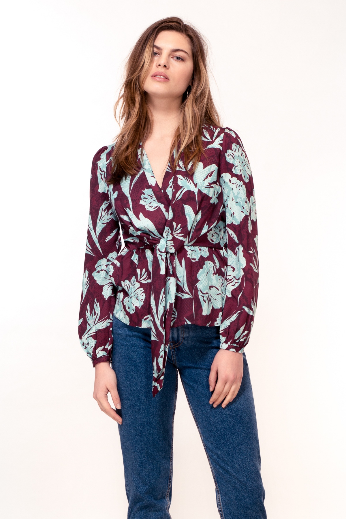 Hide the Label Nyssa Tie Front Top in Purple Snake Print, available at ZERRIN