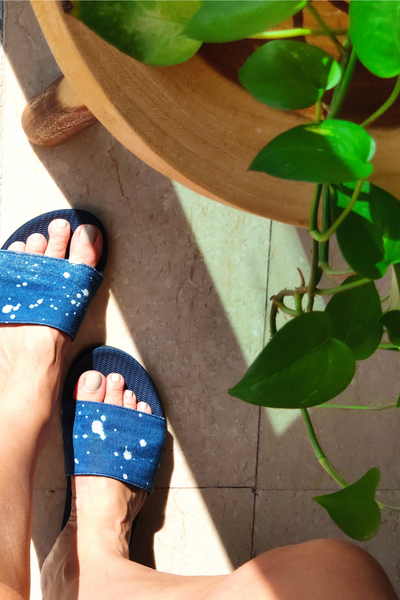 Indosole Women’s ESSNTLS Slides in Shore and Natural Indigo Drips, available on ZERRIN with free Singapore shipping