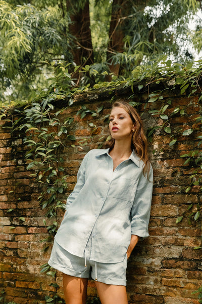 Women's classic linen pale blue shirt, available on ZERRIN online with free Singapore shipping