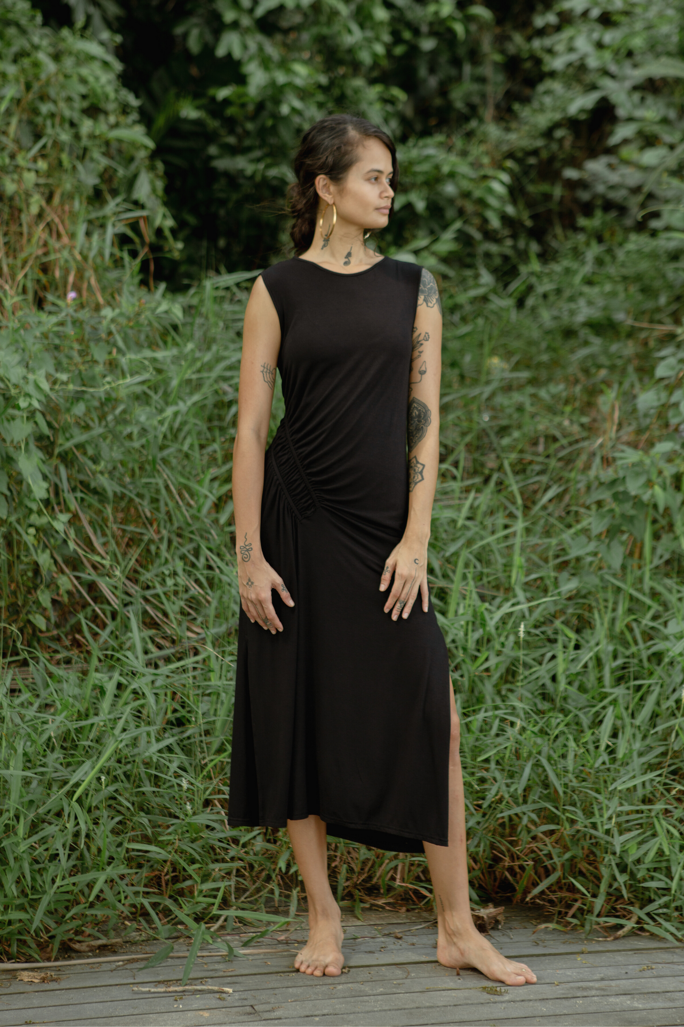 Su By Hand Celia Asymmetric Ruched Waist Dress in Black, available on ZERRIN with free Singapore shipping