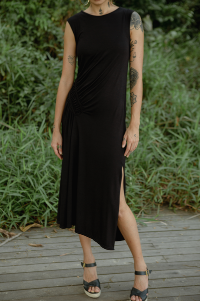 Su By Hand Celia Asymmetric Ruched Waist Dress in Black, available on ZERRIN with free Singapore shipping