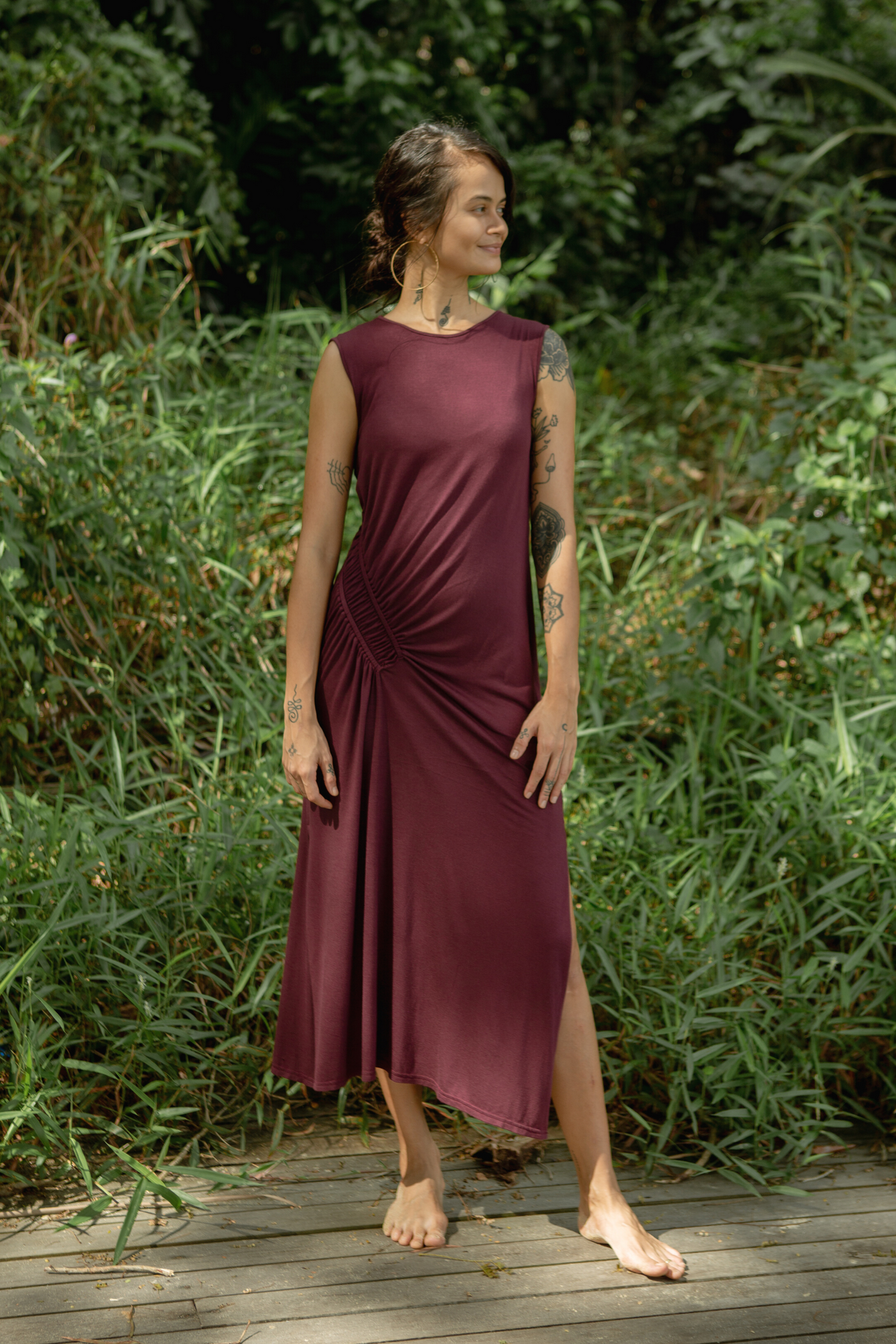 Su By Hand Celia Asymmetric Ruched Waist Dress in Maroon, available on ZERRIN with free Singapore shipping