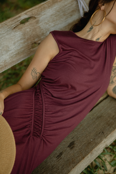 Su By Hand Celia Asymmetric Ruched Waist Dress in Maroon, available on ZERRIN with free Singapore shipping