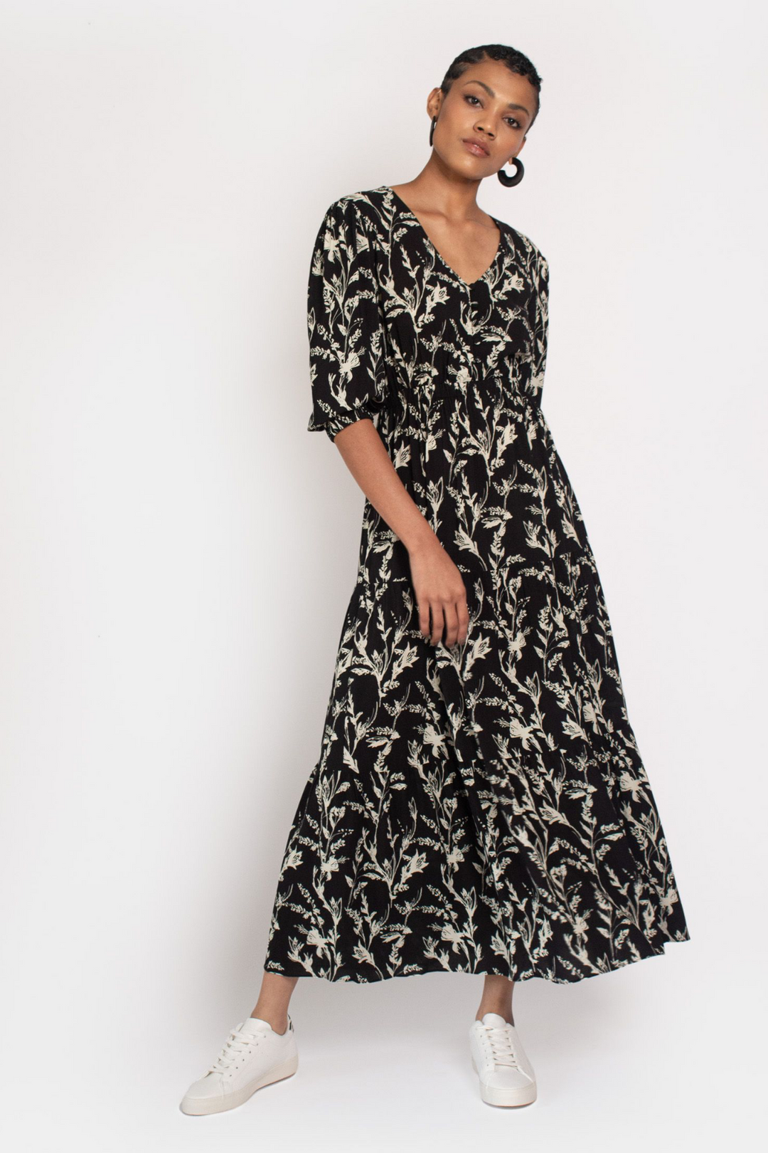 Hide the Label Kalmia Maxi in Black & White Sketch Floral, available in ZERRIN